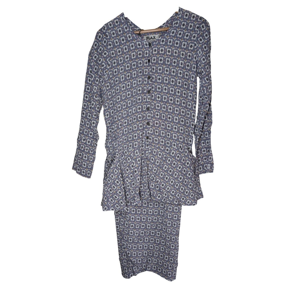FLAX Blue Geometric Rayon Tunic Top Faux Wrap Skirt Set Petite 2 Piece Lagenlook